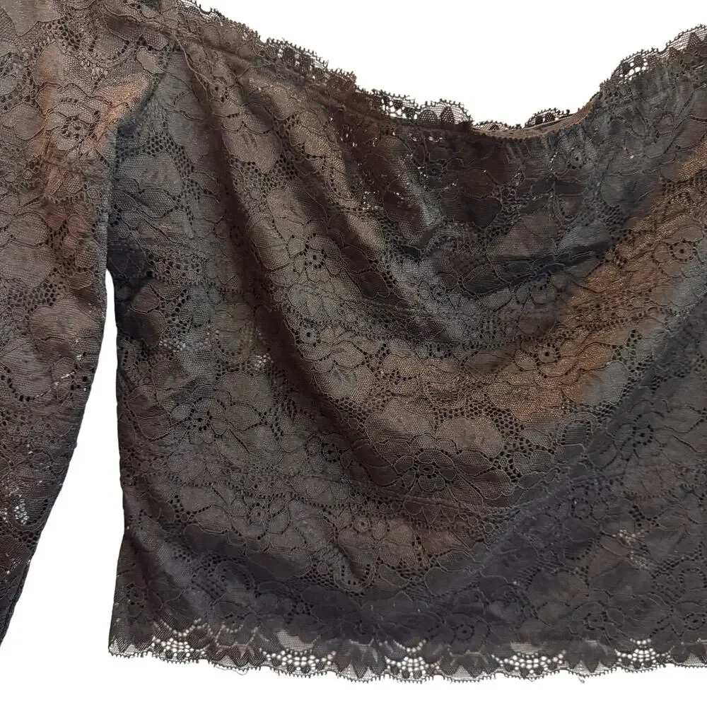 Guess Black lace off-shoulder top dark boho coquette romantic night-out L - Picture 3 of 6